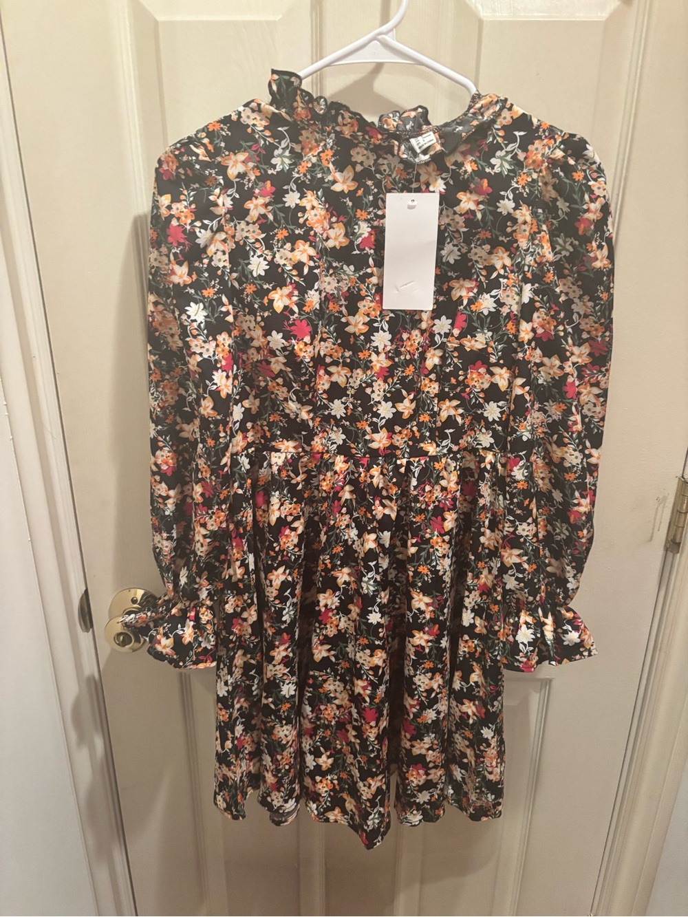Floral Ruffle Neck Long Sleeve Dress - Black Multicolor